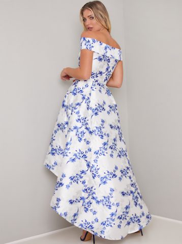 Chi Chi Simone Floral Bardot High Low Dress Blue White