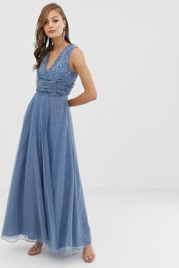 maya delicate sequin bodice maxi dress with cross back bow detail in bluebell