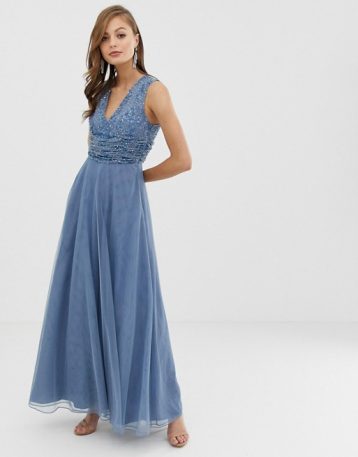 ASOS DESIGN Bridesmaid maxi dress with pearl and sequin embellished drape bodice blue