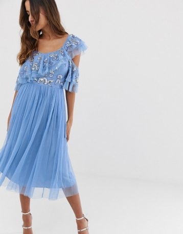 Maya cami strap sequin top tulle detail midi dress with ruffle skirt bluebell