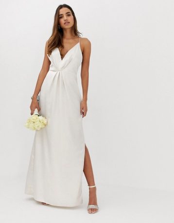 Missguided plunge cross back maxi wedding dress cream