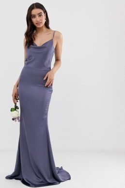 Missguided satin cowl neck maxi bridesmaid dress blue purple