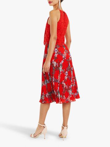 Oasis Bloom Floral Pleated Midi Dress Red Multi