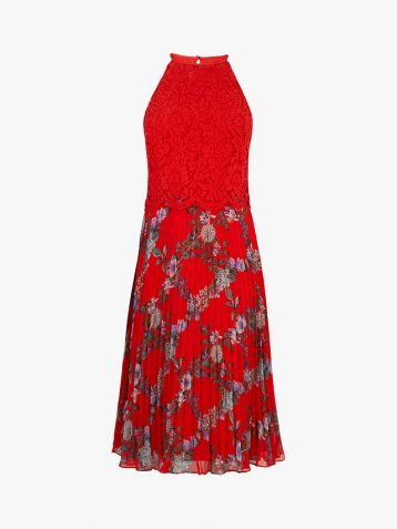 Oasis Bloom Floral Pleated Midi Dress Red Multi