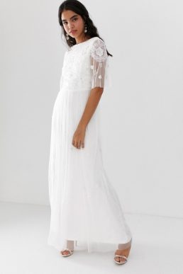 Amelia Rose embellished maxi dress with sheer sleeve in off white