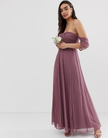 ASOS DESIGN Bridesmaid bardot ruched pleated maxi dress Dusty Purple