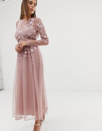 ASOS DESIGN long sleeve embroidered midi dress Blush Pink