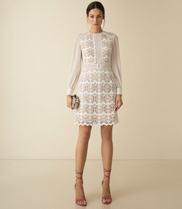 Reiss Aria Geometric Lace Dress With Sheer Sleeves White Cream