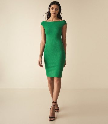 Reiss Pippa knitted bardot bodycon dress green