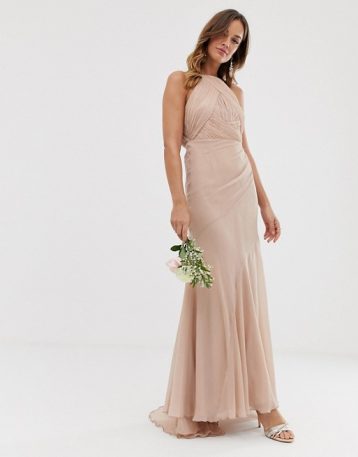 ASOS DESIGN Bridesmaid pinny bodice maxi dress fishtail skirt Soft Blush