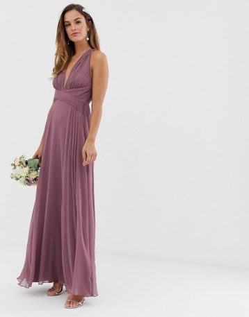 ASOS DESIGN Bridesmaid ruched bodice maxi dress with wrap waist Dusty Purple