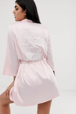 ASOS DESIGN satin bridesmaid robe with embroidery pink blush