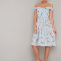 Blue floral bardot dress best sale