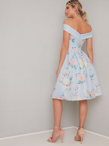 Chi Chi Safron Floral Bardot Dress Pale Blue Multi myonewedding