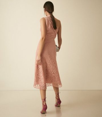 Reiss Stephie Asymmetric Lace Dress Blush Pink