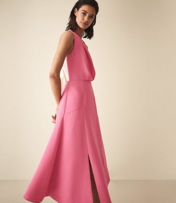 Reiss Cheyenne Bow Detail Midi Dress Pink