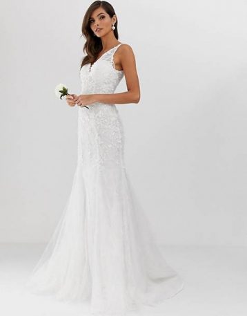 ASOS EDITION embroidered mesh over lace fishtail wedding dress Ivory