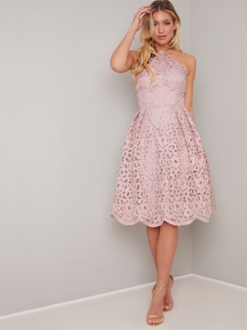 Chi Chi Claudelle Halter Lace Dress Pale Pink Blush