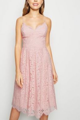 New Look Pale Pink Pleated Lace Midi Dress