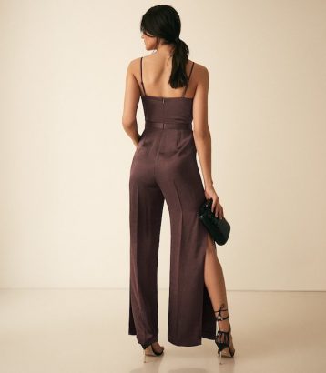 Reiss Arizona Satin Cowl Neck Jumpsuit Chocolate Brown