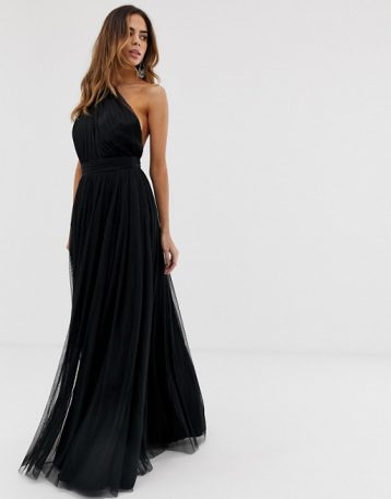 ASOS DESIGN premium one shoulder tulle maxi dress Black