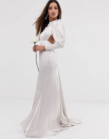 ASOS EDITION satin fishtail wedding dress with dramatic sleeve Ivory