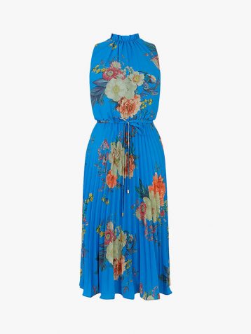 Oasis Botanical Midi Pleat Floral Dress Blue Multi