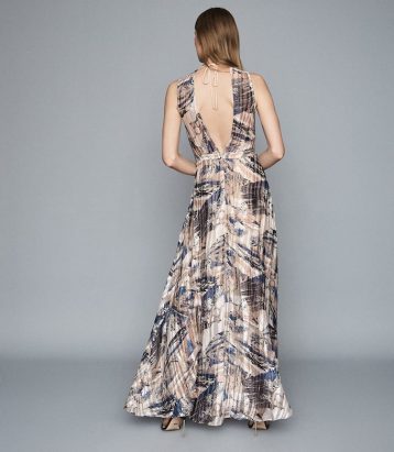 Reiss Alix marble printed maxi dress blue cream multi