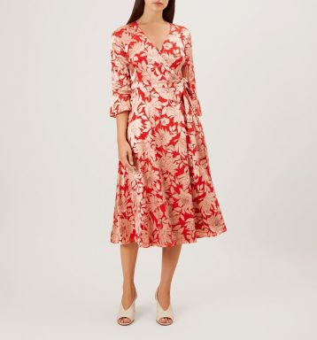 Hobbs Justina Floral Sleeve Midi Dress Red Pink