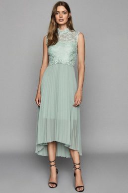 Reiss Aideen Lace Detail Pleated Midi Dress Sage green mint cream