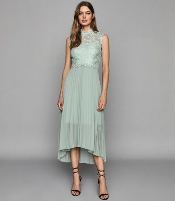 Reiss Aideen Lace Detail Pleated Midi Dress Sage green mint cream