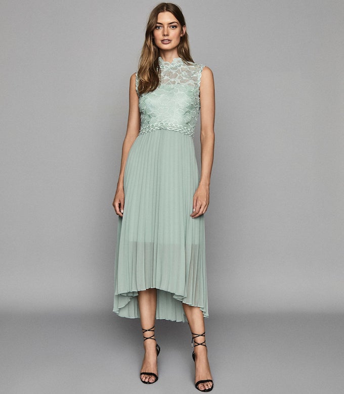 Reiss Aideen Lace Detail Pleated Midi Dress Sage Green Mint