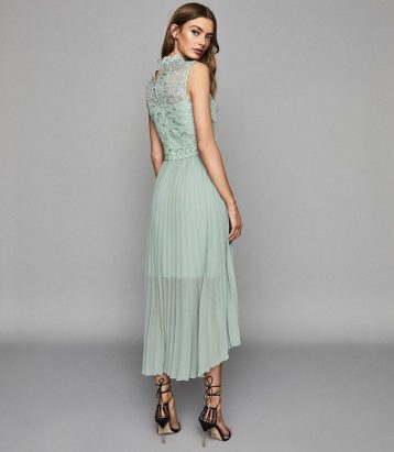 Reiss Aideen Lace Detail Pleated Midi Dress Sage green mint cream