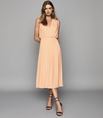 Reiss Mariona pleated midi dress nude orange