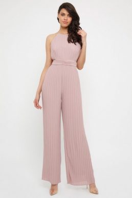 TFNC Sarae Pleat Halter Jumpsuit Pale Mauve Pink