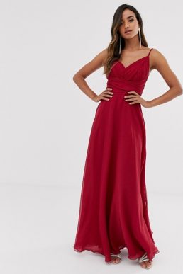 ASOS DESIGN Bridesmaid cami maxi dress ruched bodice tie waist Winter berry red