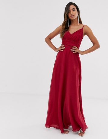 ASOS DESIGN Bridesmaid cami maxi dress ruched bodice tie waist Winter berry red