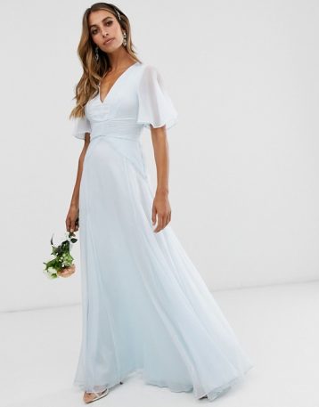 ASOS DESIGN Bridesmaid flutter sleeve maxi dress with pleated waist Sky blue