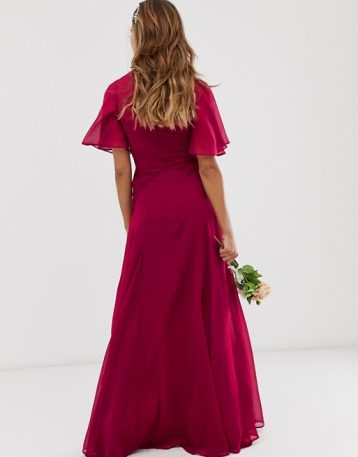 ASOS DESIGN Bridesmaid flutter sleeve maxi dress with pleated waist, Winter berry red