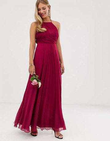 ASOS DESIGN Bridesmaid pinny bodice maxi dress with fishtail skirt, Berry red