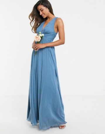 ASOS DESIGN Bridesmaid ruched bodice drape maxi dress with wrap waist Blue