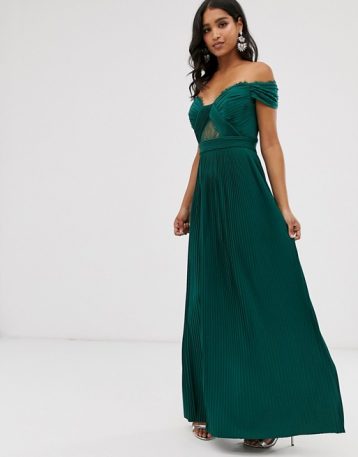 ASOS DESIGN lace and pleat bardot maxi bridesmaid dress Forest green