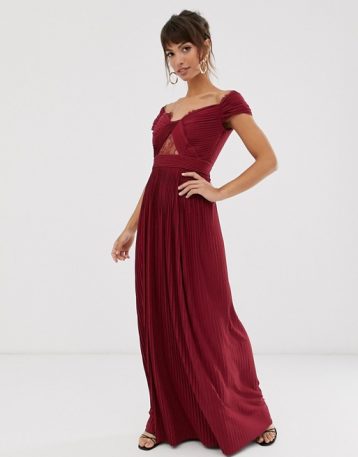 ASOS DESIGN lace and pleat bardot maxi bridesmaid dress Oxblood Red