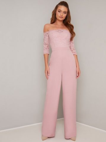 Chi Chi Carmen Lace Sleeve Jumpsuit Blush Pale Pink