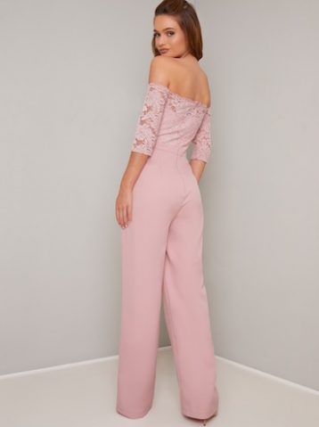 Chi Chi Carmen Lace Sleeve Jumpsuit Blush Pale Pink