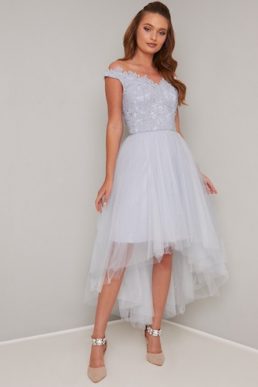 Chi Chi Linnet Lace Tulle Bardot Dress Pale Blue