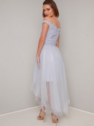 Chi Chi Linnet Lace Tulle Bardot Dress, Pale Blue - Image 2