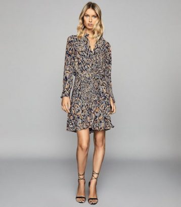 Reiss Lilia Feather Printed Mini Dress Navy Blue Orange