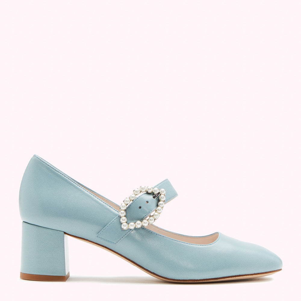 LEATHER AQUA PEARL LIP BUCKLE LEXI COURT £245.00