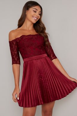 Chi Chi Kaisa Lace Sleeve Pleat Dress Burgundy Red